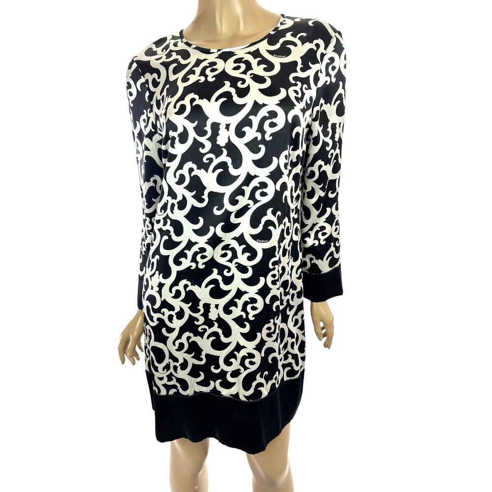 bebe Size M Black & White Sheath Dress 3/4 Sleeve Silk & Spandex